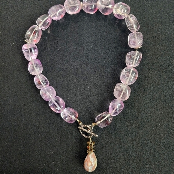 Purple Glass Bead Necklace w/ 1" Chunky Faceted Agate Pendant 18" Statement - Picture 1 of 15